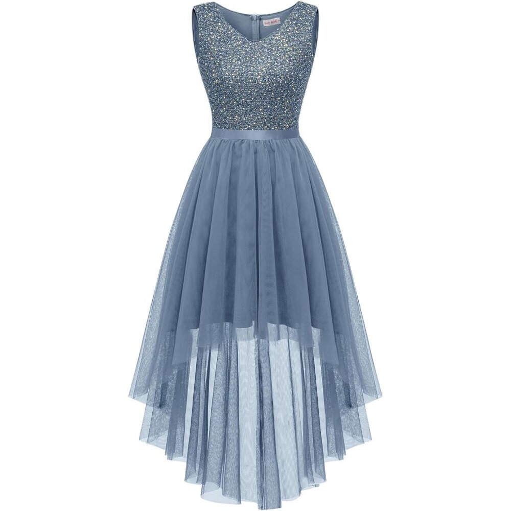 Berylove Women Tulle Sequin Grey Chiffon Scoop Neck Sleeveless Cocktail Dresses